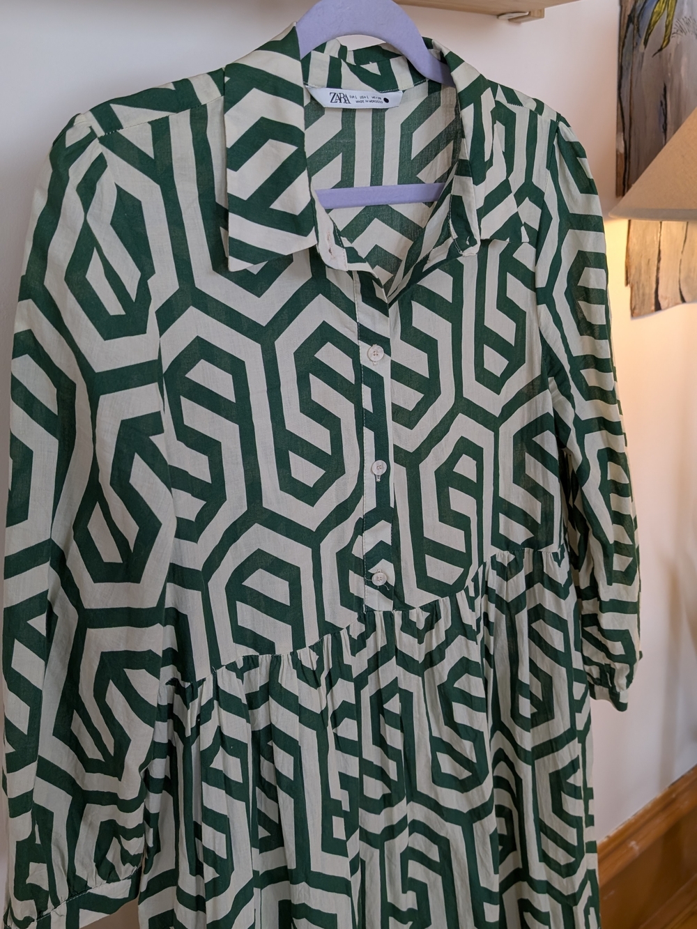 ZARA Green Karen Geometric 100% Cotton Tiered Midi Shirt Dress L